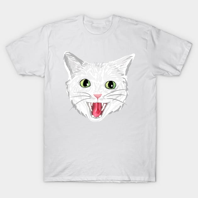 White cat hissing (green eyes) T-Shirt by michelleachan